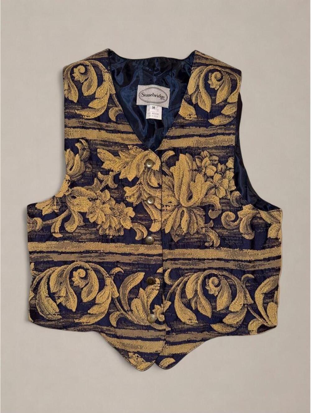 Vintage Stonebridge Navy Gold Tapestry Vest Medium